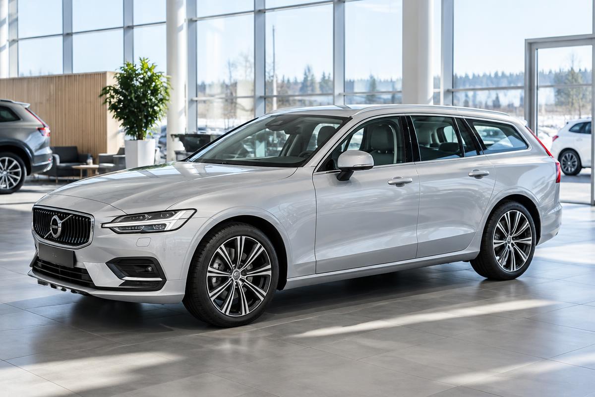 Hopeinen auto valoisassa autoliikkeessä